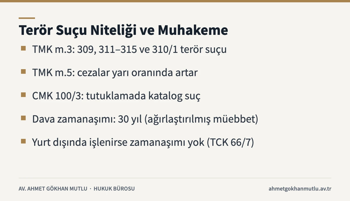 Anayasal düzene karşı suçlarda terör suçu niteliği, tutuklama ve zamanaşımı kurallarını özetleyen bilgi kartı