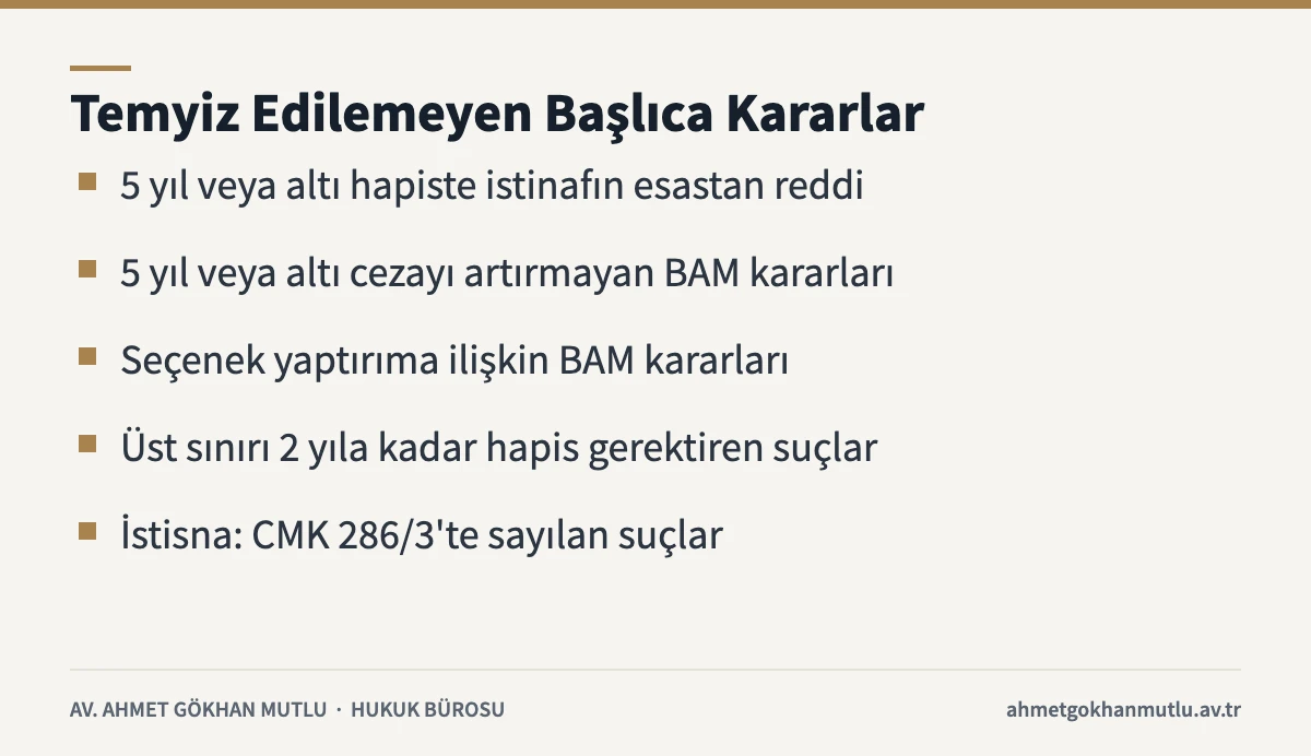 Ceza davasında temyiz yoluna kapalı olan başlıca bölge adliye mahkemesi kararlarını özetleyen kart