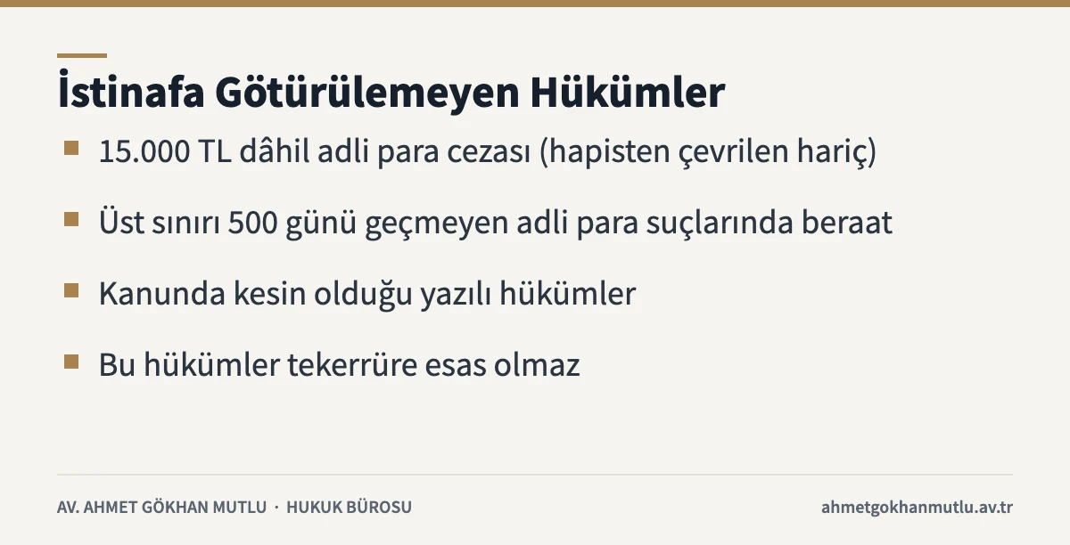 İstinaf yolunun kapalı olduğu kesin hükümleri ve dayanak CMK 272/3 bentlerini listeleyen tablo
