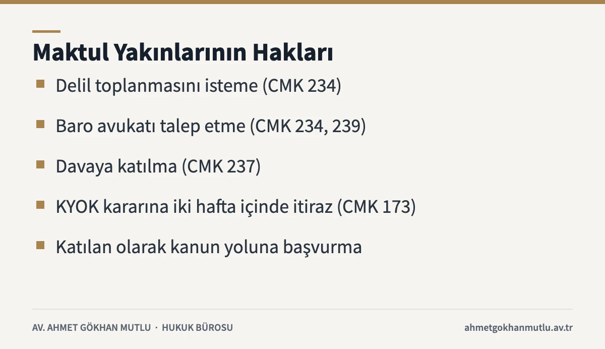 Cinayet davasında hayatını kaybeden kişinin yakınlarının haklarını özetleyen kart