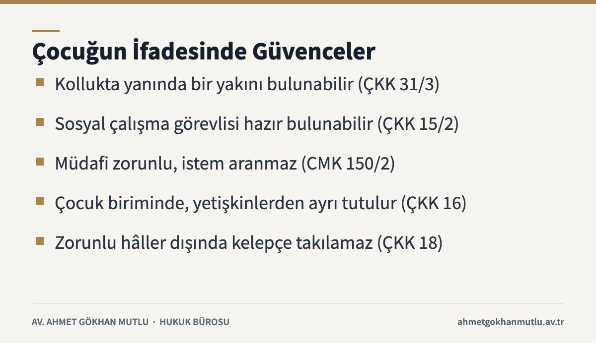 Çocuğun ifadesi alınırken Çocuk Koruma Kanunu ve CMK'daki güvenceleri özetleyen kart