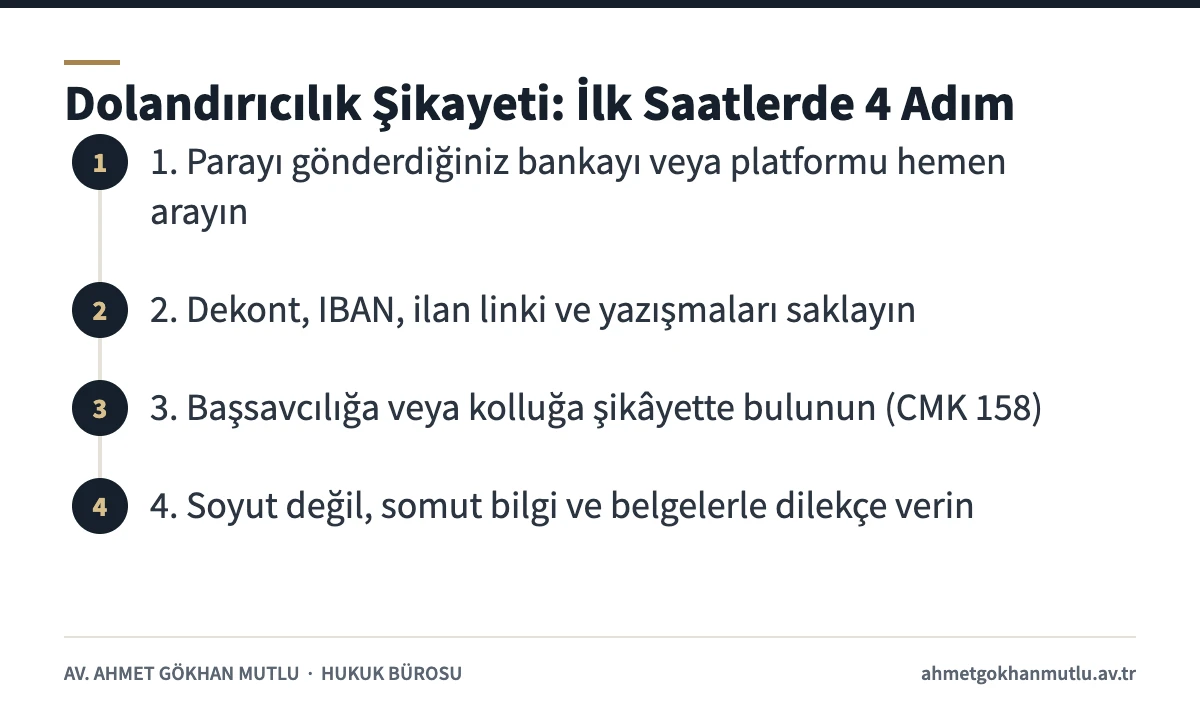 Dolandırıcılık şikayeti için bankaya bildirim, delil saklama ve savcılık başvurusu adımları