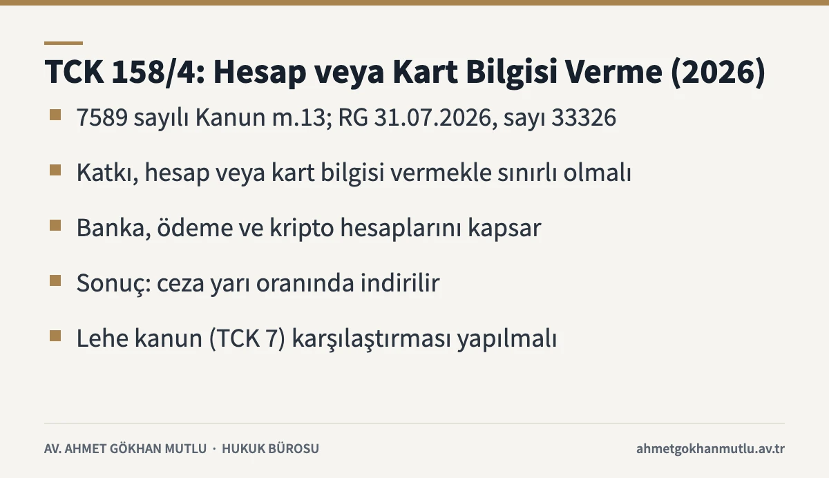 Dolandırıcılık suçları kartı, 2026'da eklenen TCK 158/4 ile hesap veya kart bilgisi verene yarı oranında indirim