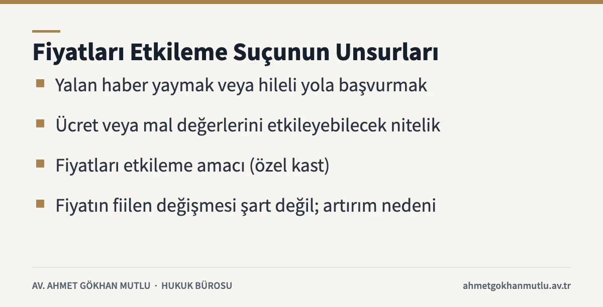 Fiyatları etkileme suçunun unsurlarını gösteren bilgi kartı: yalan haber, hileli yol ve fiyatları etkileme amacı