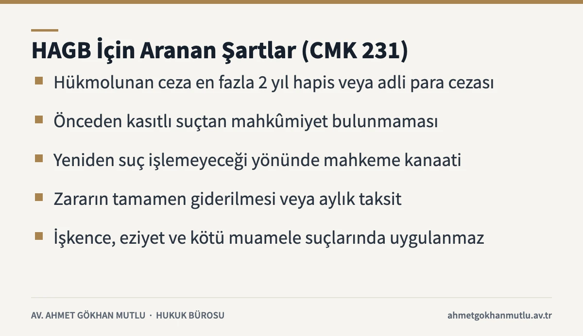 Hükmün açıklanmasının geri bırakılması için CMK 231'de aranan şartları gösteren bilgi kartı