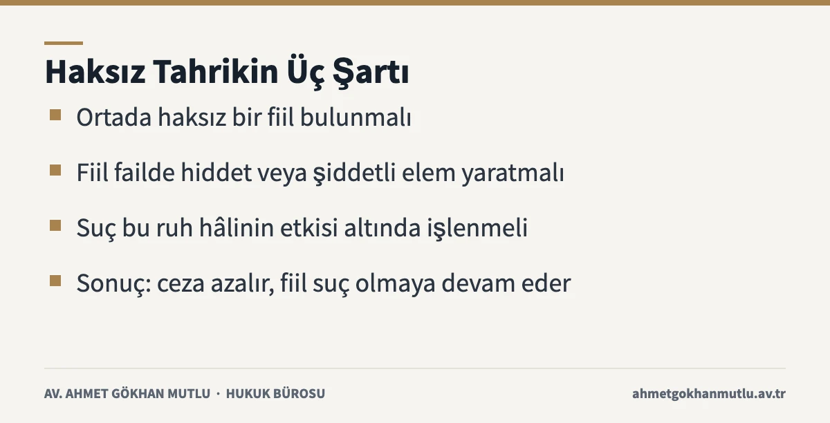 Haksız tahrik şartlarını özetleyen kart: haksız fiil, hiddet veya şiddetli elem ve etki altında suç