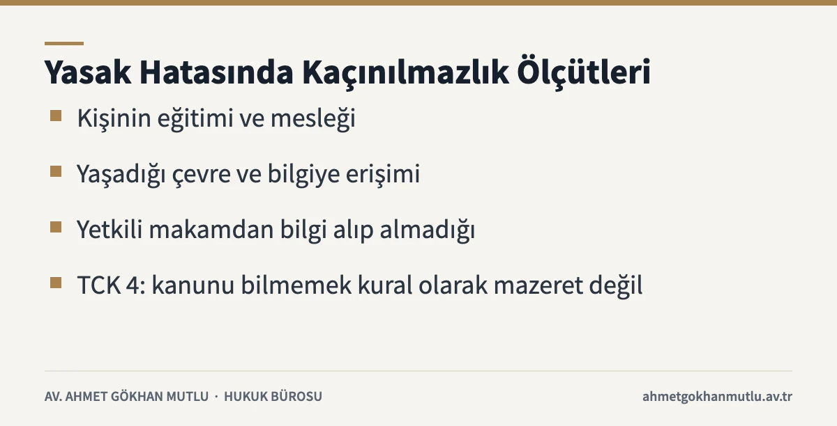 Yasak hatasında kaçınılmazlık için eğitim, çevre, yetkili makamdan bilgi ve TCK 4 kuralını özetleyen bilgi kartı
