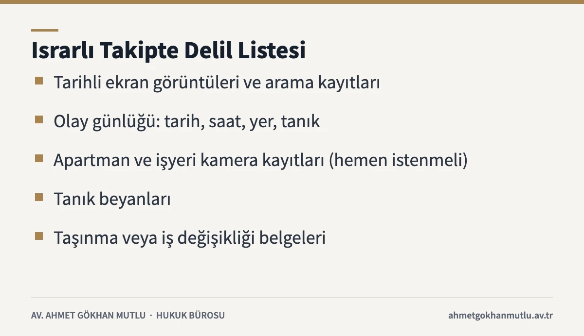 Israrlı takip suçunun ispatında kullanılabilecek delilleri listeleyen kart