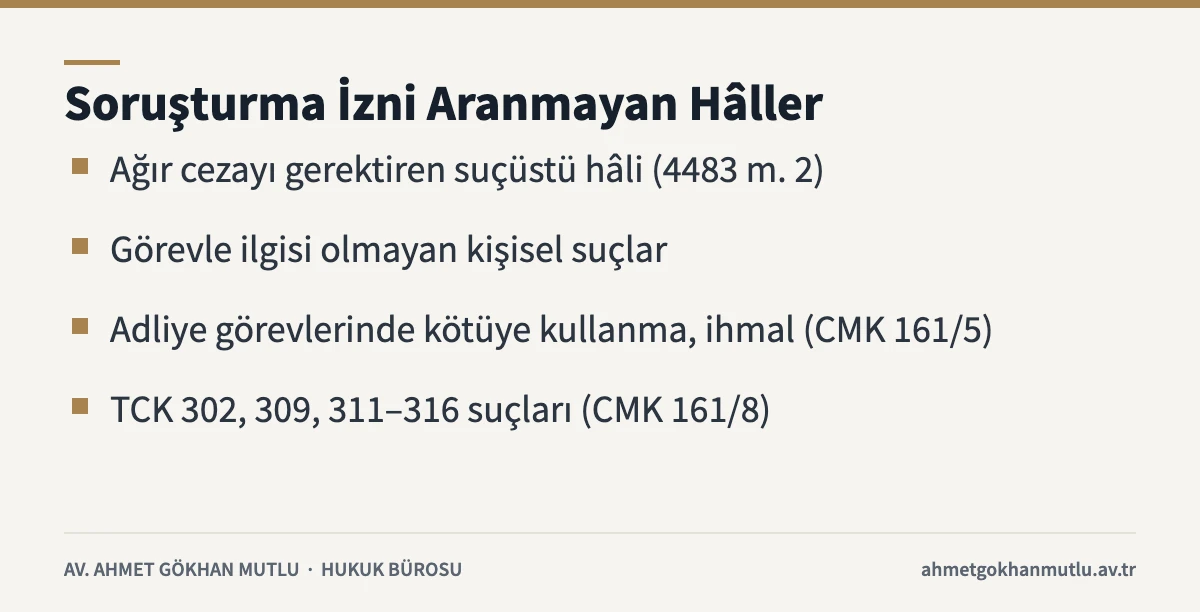 Soruşturma izni gerekmeyen istisnai hâlleri özetleyen bilgi kartı