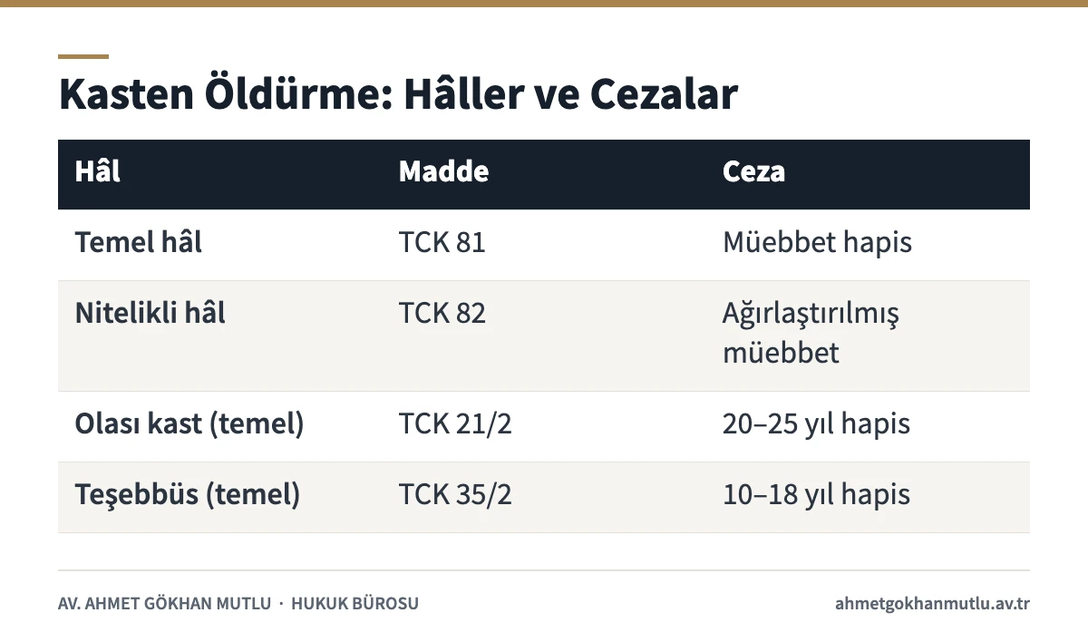 Kasten öldürme suçunun temel, nitelikli, olası kast ve teşebbüs hâllerine göre cezalarını gösteren tablo