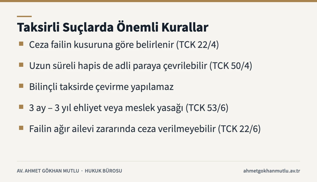 Taksirle öldürme davalarında kusur, çevirme ve ehliyet yasağı kurallarını özetleyen kart