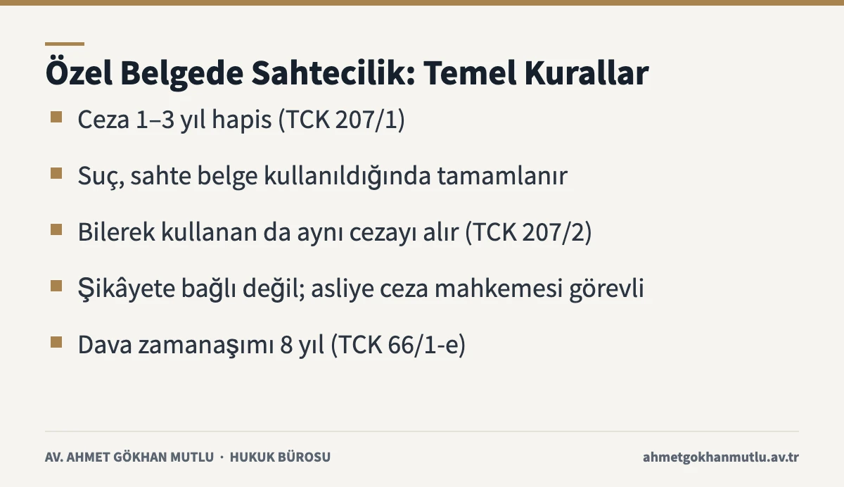 Özel belgede sahtecilik temel kuralları: TCK 207 cezası, kullanma şartı ve görevli mahkeme