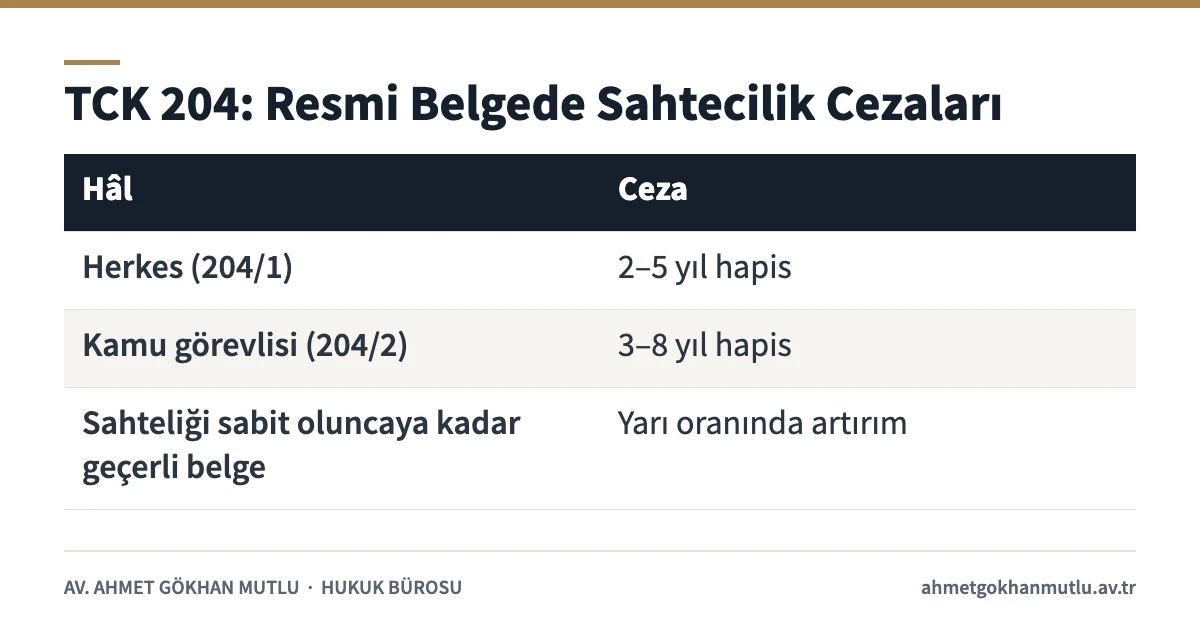 Resmi belgede sahtecilik cezaları tablosu: TCK 204 birinci, ikinci ve üçüncü fıkralar