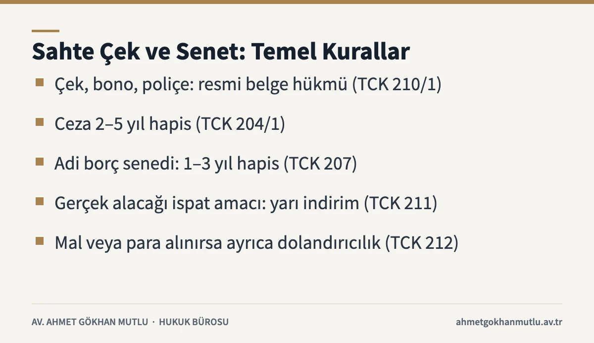 Sahte çek ve senet düzenleme cezası: TCK 210/1, 204/1, 207 ve 211 özeti
