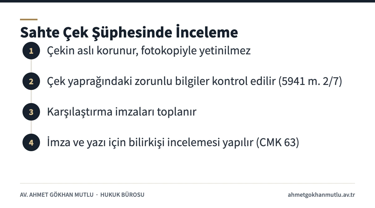 Sahte çek şüphesinde çek aslı, zorunlu bilgiler ve bilirkişi incelemesi adımları