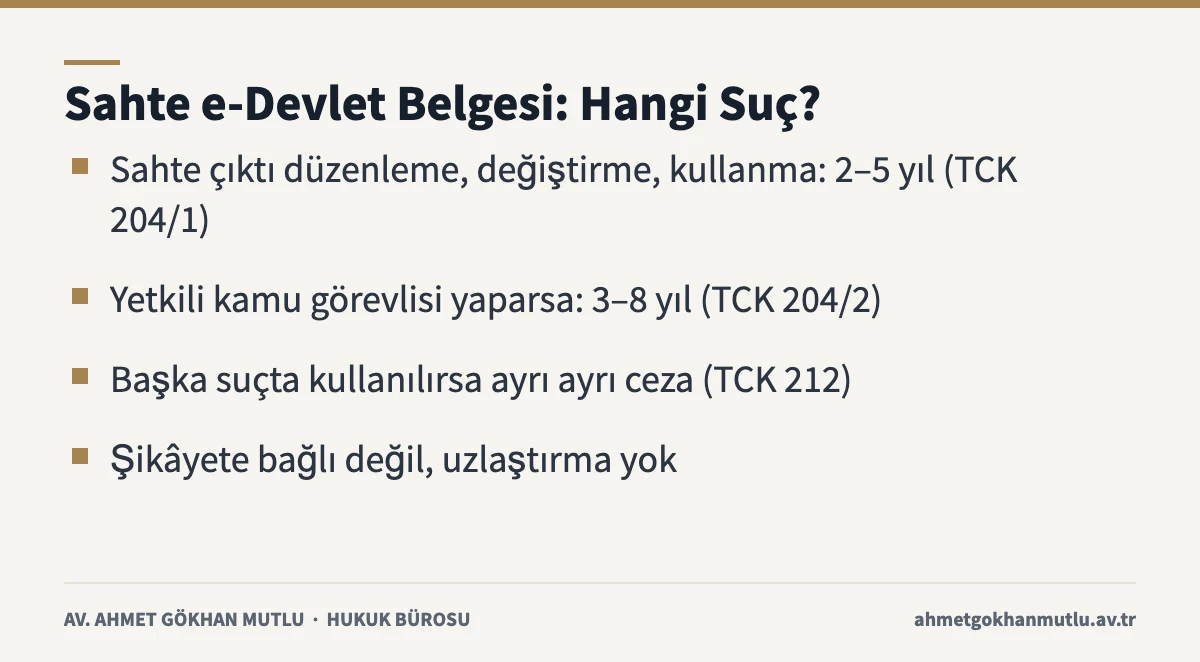 Sahte e-Devlet belgesi düzenleme ve kullanma cezası: TCK 204/1, 204/2 ve 212 özeti