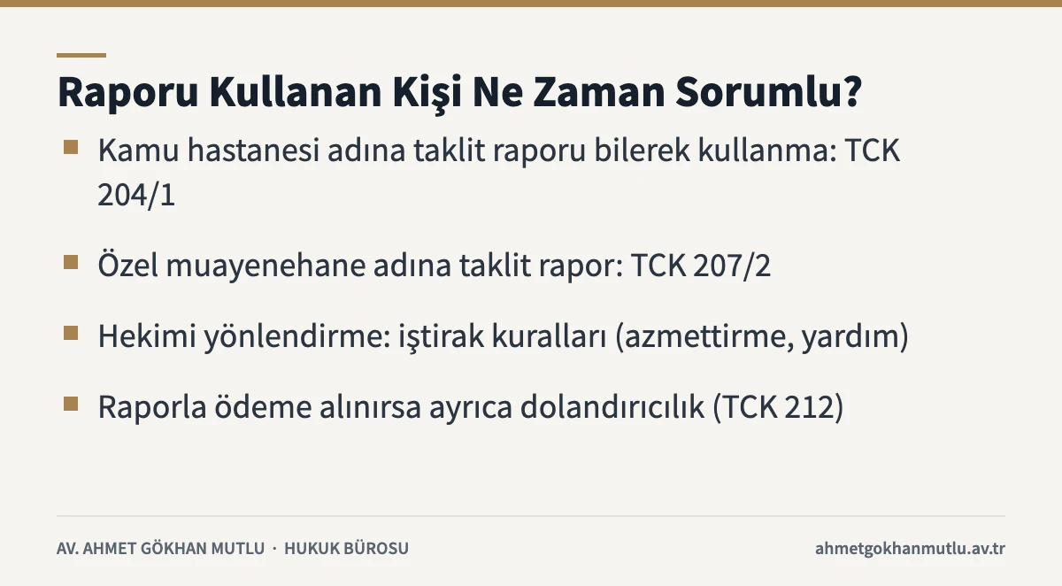 Sahte sağlık raporu kullanan kişinin sorumluluğu: taklit rapor, iştirak ve dolandırıcılık