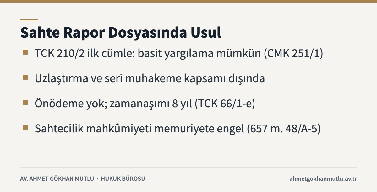Sahte sağlık raporu davasında usul: basit yargılama, uzlaştırma, zamanaşımı ve memuriyet