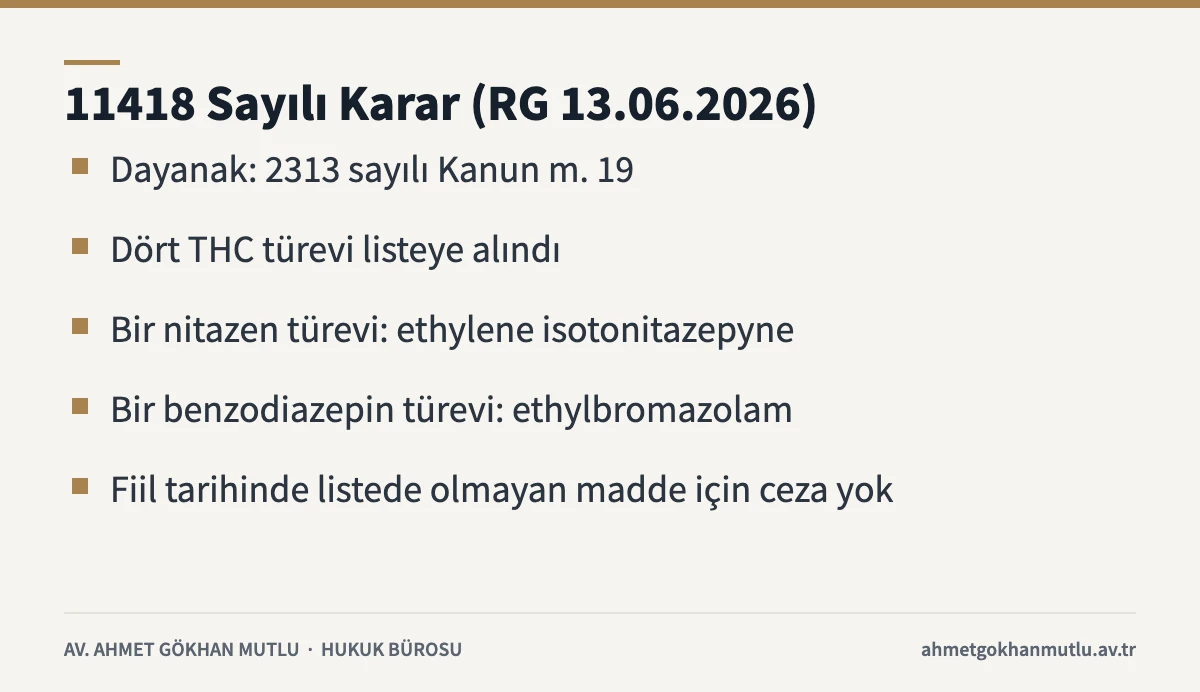 Sentetik uyuşturucu listesine 2026'da eklenen maddeleri ve 11418 sayılı kararı özetleyen kart