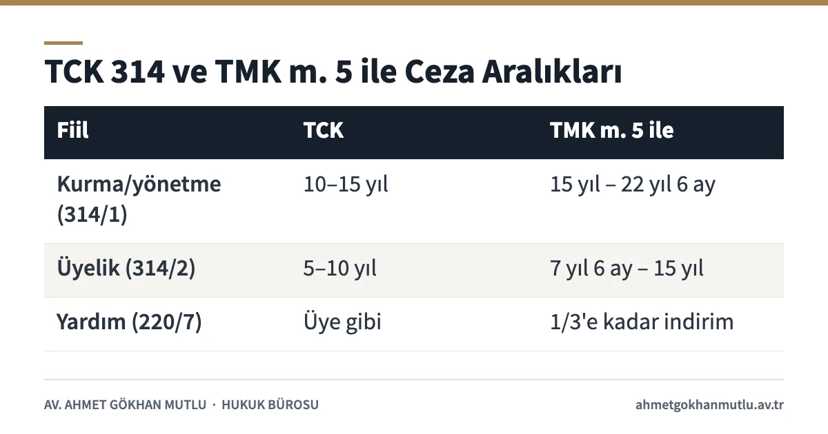 Silahlı örgüt üyeliği ile örgüt kurma ve yönetme cezalarının TMK artırımıyla birlikte gösterildiği tablo