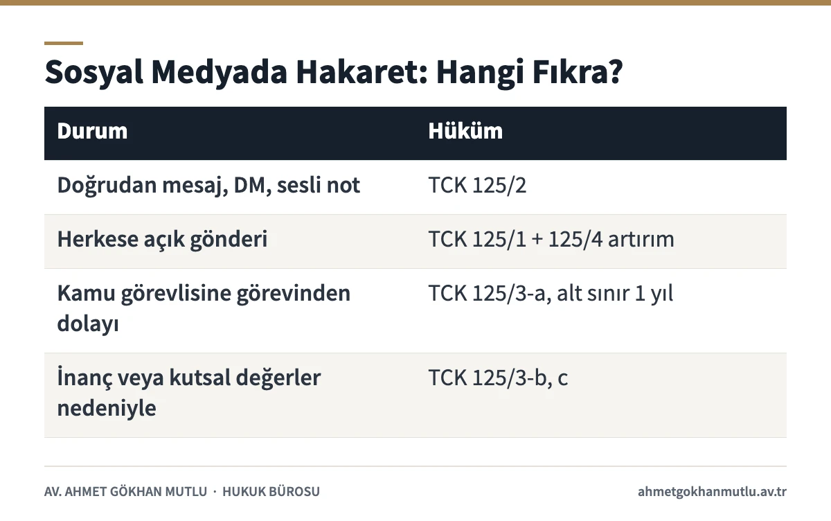 Sosyal medyada hakaret türlerine göre uygulanan TCK 125 fıkralarını gösteren tablo