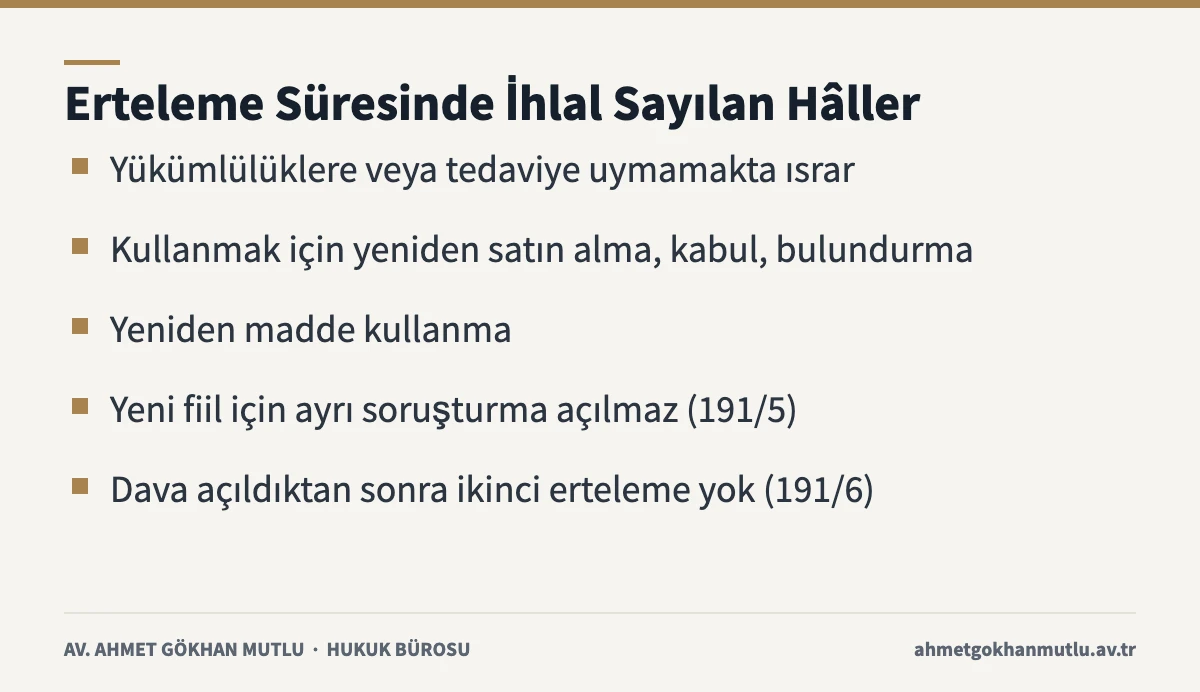Uyuşturucu kullanma suçu erteleme süresinde dava açılmasına yol açan ihlal hâllerini özetleyen kart