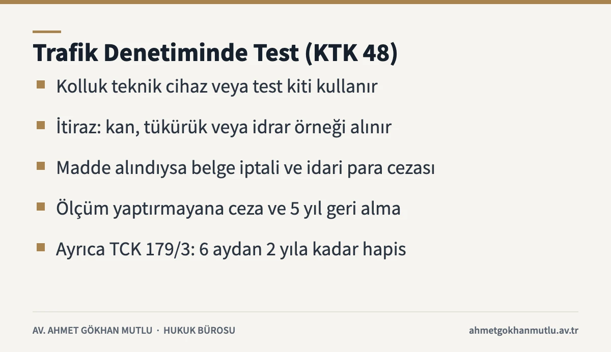 Trafik denetiminde uyuşturucu testi, itiraz ve yaptırımları KTK 48 ve TCK 179 yönünden özetleyen kart