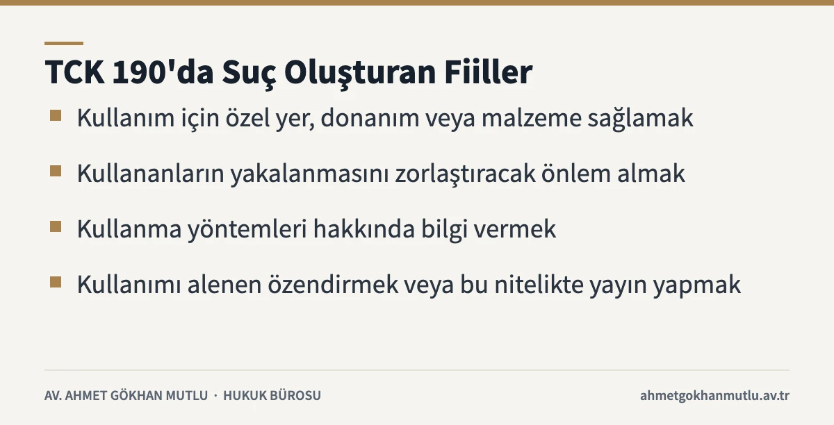 Uyuşturucu kullanılmasını kolaylaştırma suçunu oluşturan TCK 190 seçimlik hareketlerini sıralayan bilgi kartı