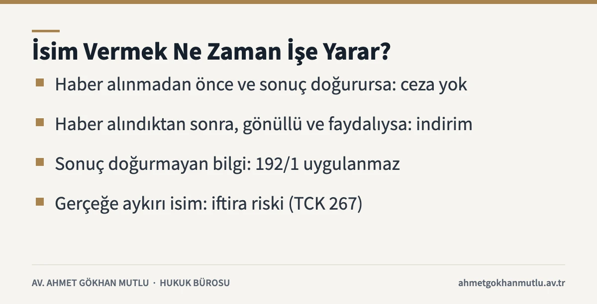 Uyuşturucu dosyasında isim vermenin etkin pişmanlık bakımından sonuçlarını özetleyen kart