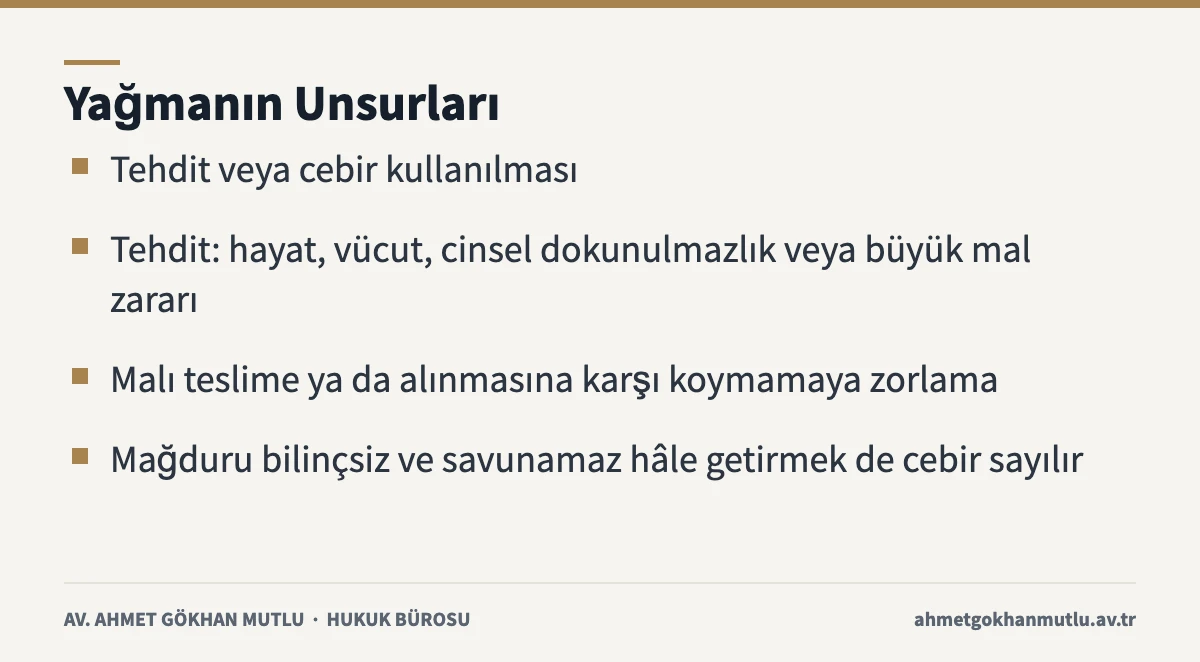 Yağma suçunun unsurlarını, tehdit ve cebir şartlarını özetleyen bilgi kartı