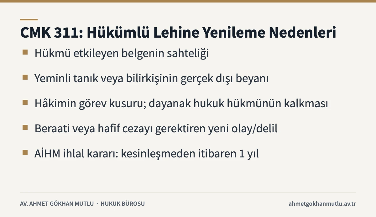 Yargılamanın yenilenmesi için CMK 311'de sayılan hükümlü lehine nedenleri gösteren kart