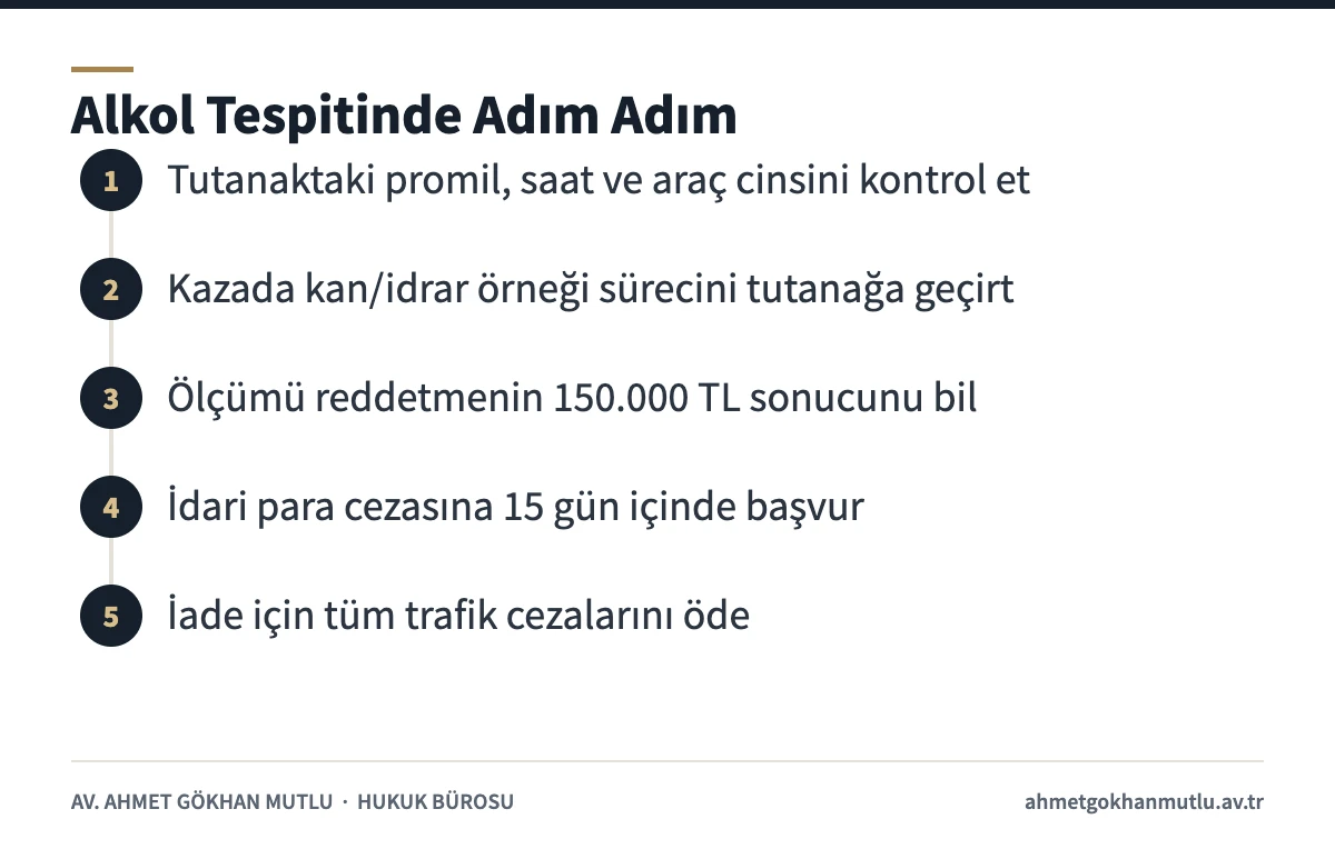 Alkollü araç kullanma tespitinden ehliyet iadesine kadar izlenecek adımlar şeması