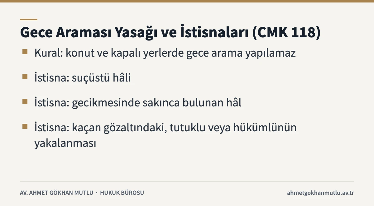 Gece araması yasağını ve CMK 118’de sayılan istisnaları özetleyen bilgi kartı