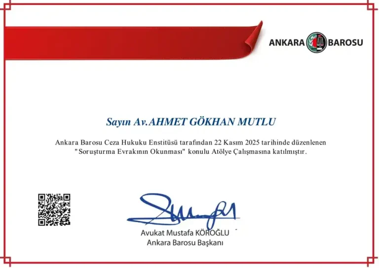 Av. Ahmet Gökhan Mutlu – Soruşturma Evrakının Okunması katılım belgesi (Ankara Barosu Ceza Hukuku Enstitüsü, 22 Kasım 2025)
