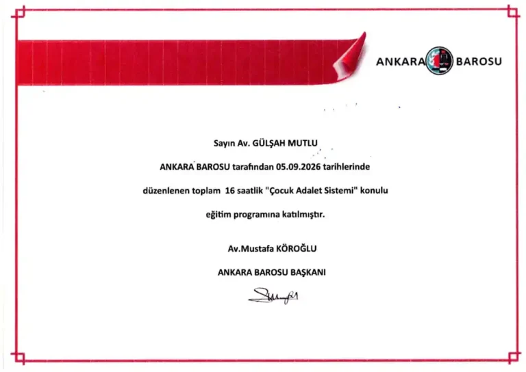 Av. Gülşah Mutlu – Çocuk Adalet Sistemi katılım belgesi (Ankara Barosu, 5 Eylül 2026)