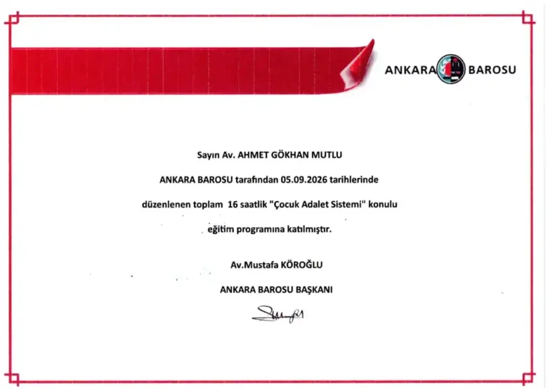 Av. Ahmet Gökhan Mutlu – Çocuk Adalet Sistemi katılım belgesi (Ankara Barosu, 5 Eylül 2026)