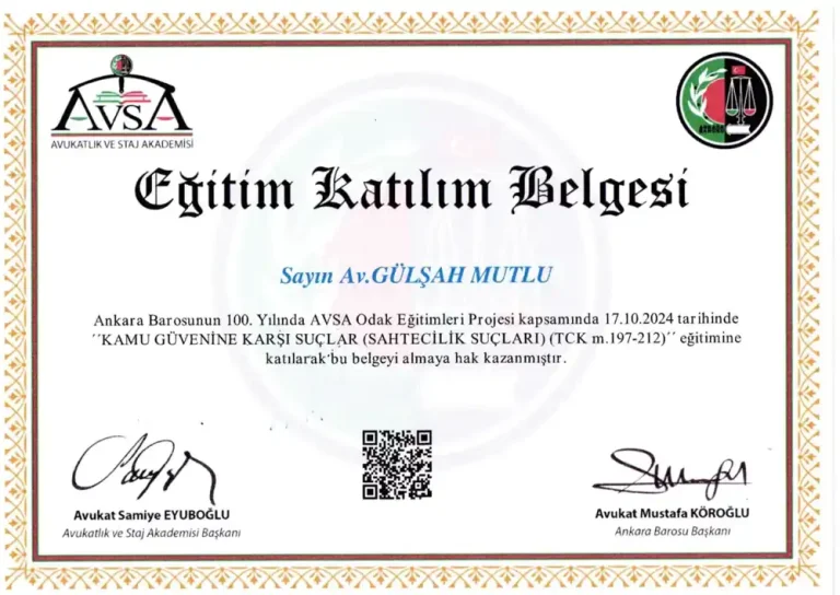 Av. Gülşah Mutlu – Kamu Güvenine Karşı Suçlar (Sahtecilik Suçları, TCK m. 197–212) katılım belgesi (Ankara Barosu Avukatlık ve Staj Akademisi (AVSA), 17 Ekim 2024)