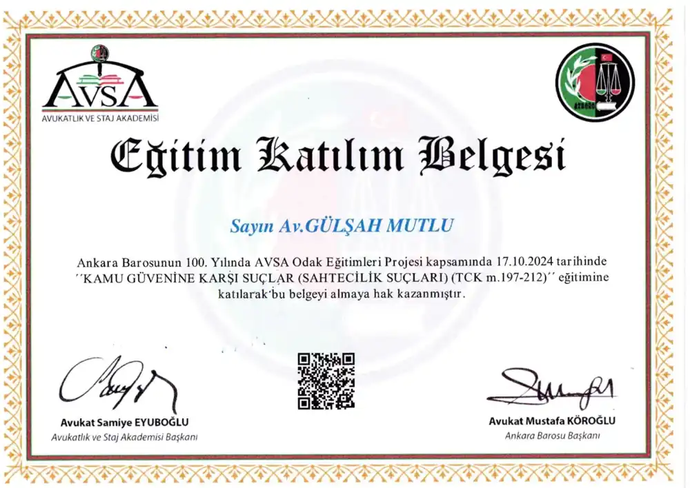 Av. Gülşah Mutlu – Kamu Güvenine Karşı Suçlar (Sahtecilik Suçları, TCK m. 197–212) katılım belgesi (Ankara Barosu Avukatlık ve Staj Akademisi (AVSA), 17 Ekim 2024)