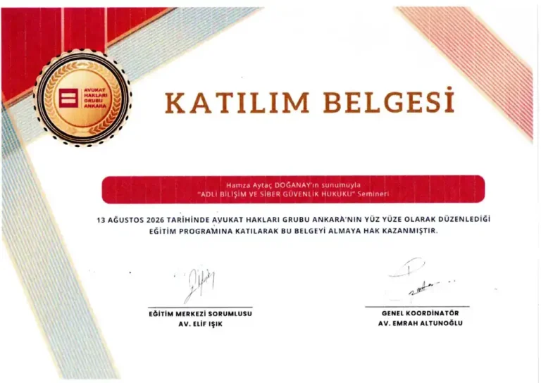 Av. Gülşah Mutlu · Av. Ahmet Gökhan Mutlu – Adli Bilişim ve Siber Güvenlik Hukuku katılım belgesi (Avukat Hakları Grubu Ankara, 13 Ağustos 2026)