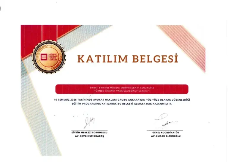 Av. Gülşah Mutlu · Av. Ahmet Gökhan Mutlu – Örnek Cinayet Vaka Çalışması katılım belgesi (Avukat Hakları Grubu Ankara, 16 Temmuz 2026)