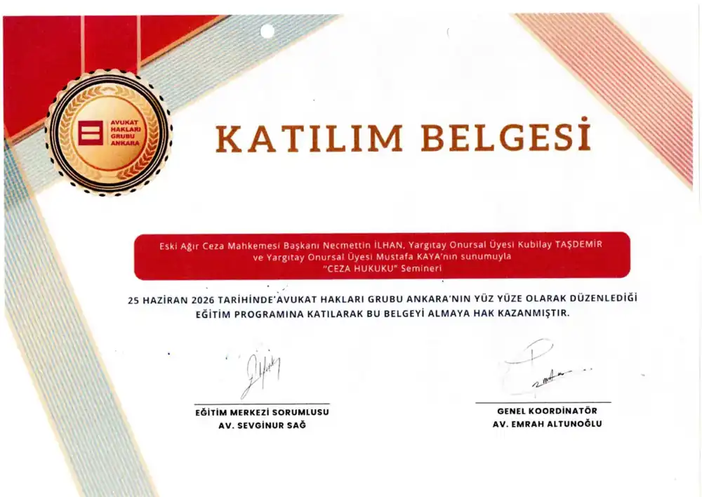 Av. Gülşah Mutlu · Av. Ahmet Gökhan Mutlu – Ceza Hukuku katılım belgesi (Avukat Hakları Grubu Ankara, 25 Haziran 2026)