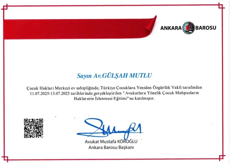 Av. Gülşah Mutlu – Avukatlara Yönelik Çocuk Mahpusların Haklarının İzlenmesi katılım belgesi (Ankara Barosu Çocuk Hakları Merkezi ve Türkiye Çocuklara Yeniden Özgürlük Vakfı, 11–13 Temmuz 2025)