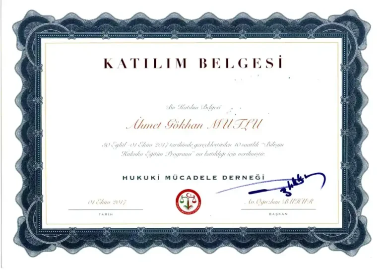Av. Ahmet Gökhan Mutlu – Bilişim Hukuku Eğitim Programı katılım belgesi (Hukuki Mücadele Derneği, 30 Eylül – 1 Ekim 2017)
