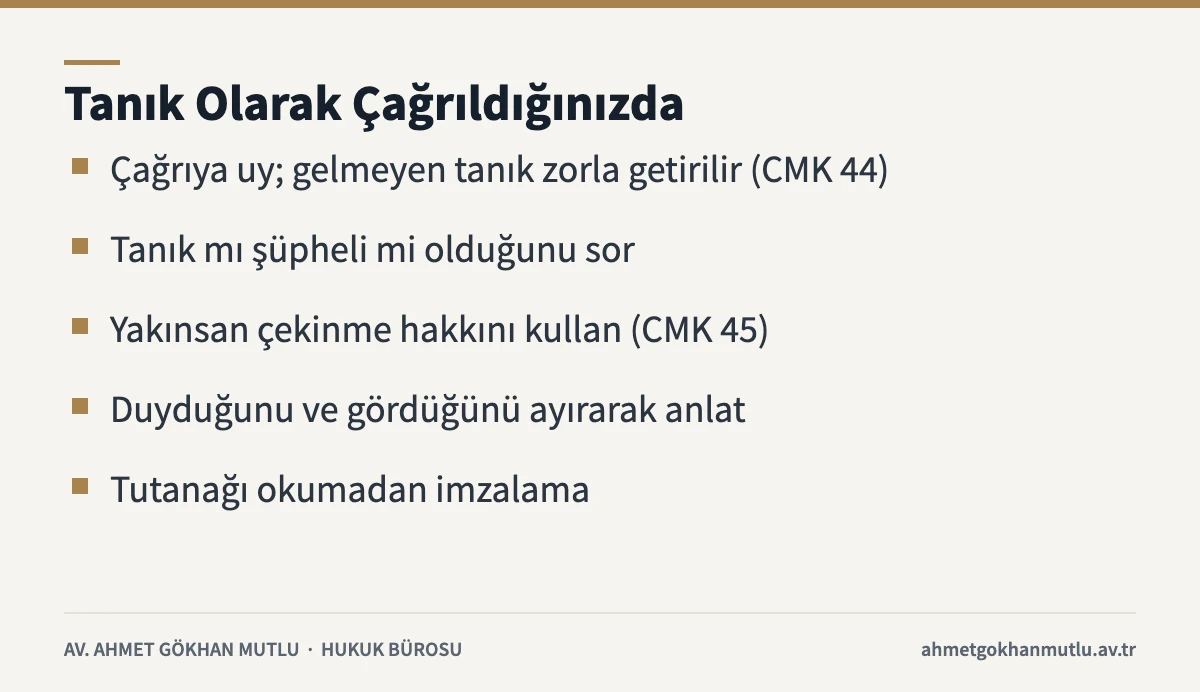 Yalan tanıklık riskine karşı tanık olarak çağrılan kişinin dikkat etmesi gerekenleri özetleyen bilgi kartı